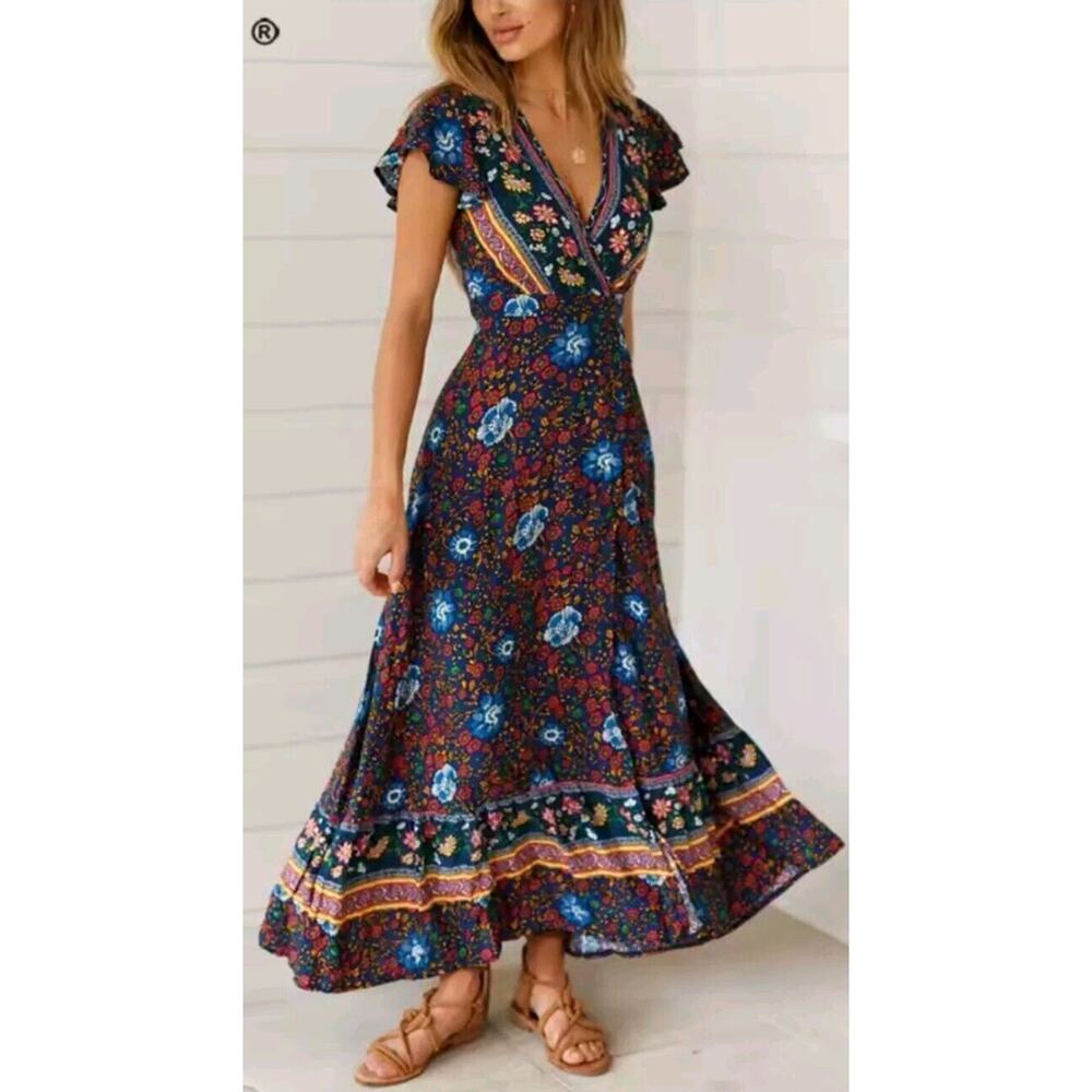 Zesica Womans Colorful Floral Maxi Wrap Dress Cover-Up Boho Chic Cottagecore
